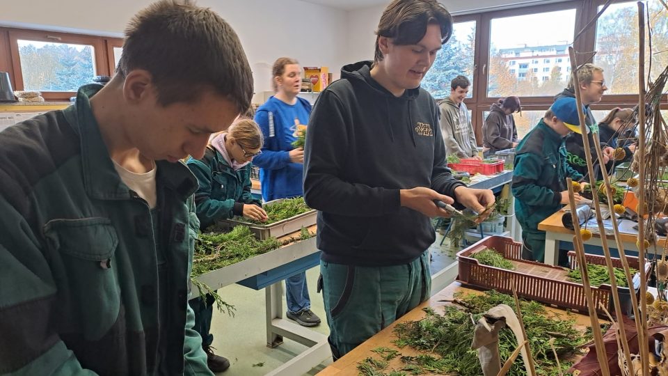 Studenti ve školní zahradnictví Střední odborné školy v Jablonecké ulici v Liberci připravují vazby na Dušičky