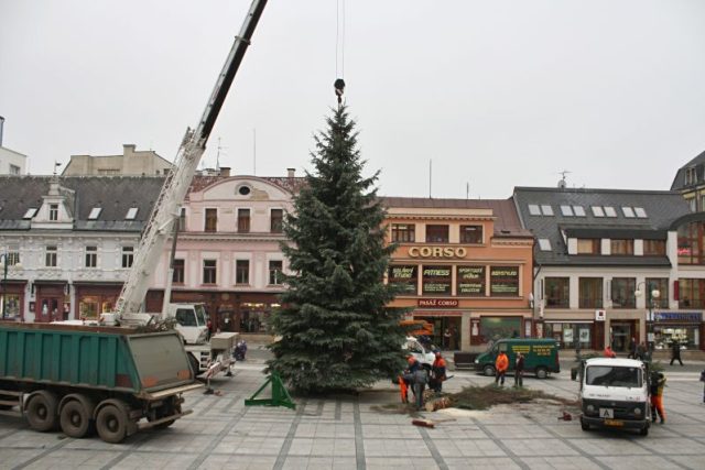 Instalace letošního jabloneckého vánočního stromu před radnicí | foto: Magistrát města Jablonec nad Nisou