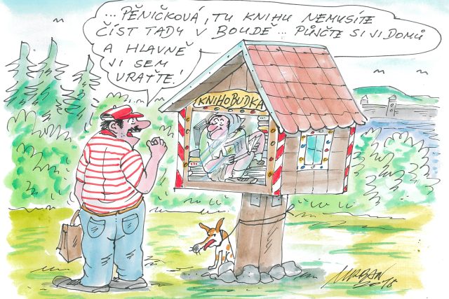 Knihobudka u jablonecké přehrady - téma pro kreslíře Petra Urbana