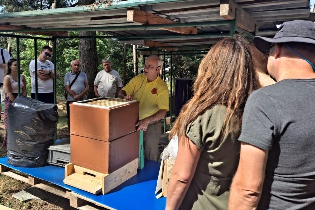 Včelař Tomáš Moravec přibližuje návštěvníkům Včelí farmy Smržov základy včelařství | foto: Eva Malá,  Český rozhlas