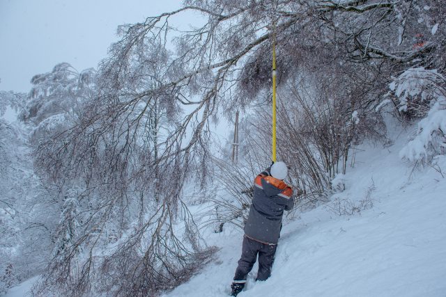Technici ČEZ odstraňují sníh z vysokého napětí | foto: Radek Petrášek,  ČTK